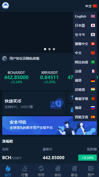 多语言交易所|12国语言|秒合约|申购|锁仓|K线完整|脚本最全|带教程|日夜模式